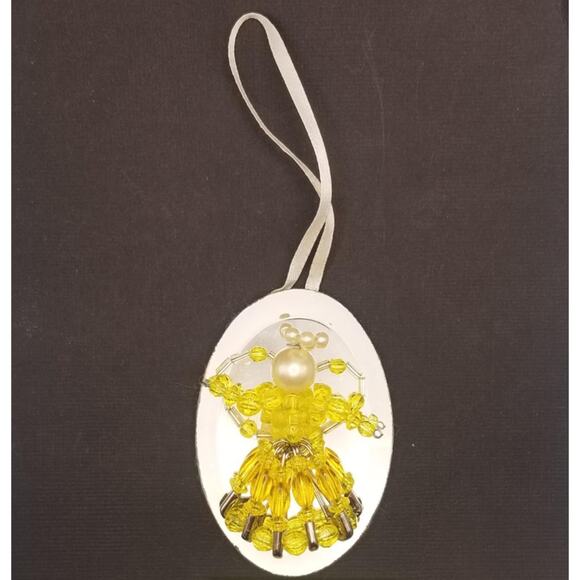 Vintage Beaded Angel Yellow Ornament Mirror 3" Pearl Handmade with Safety Pins - Picture 1 of 6